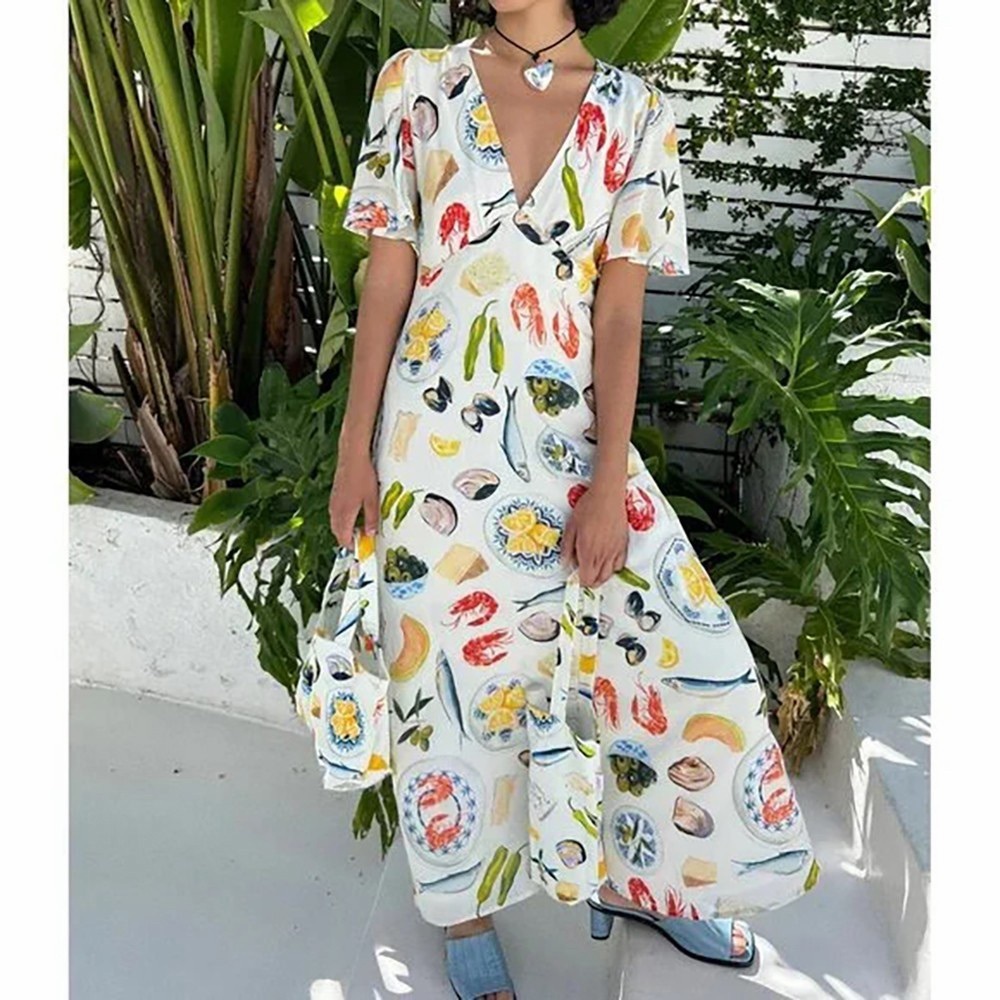 Lisa Says Gah Grace Food Print Midi Dress Tapas Ivory Lemon Olive Fruit S - Picture 1 of 16